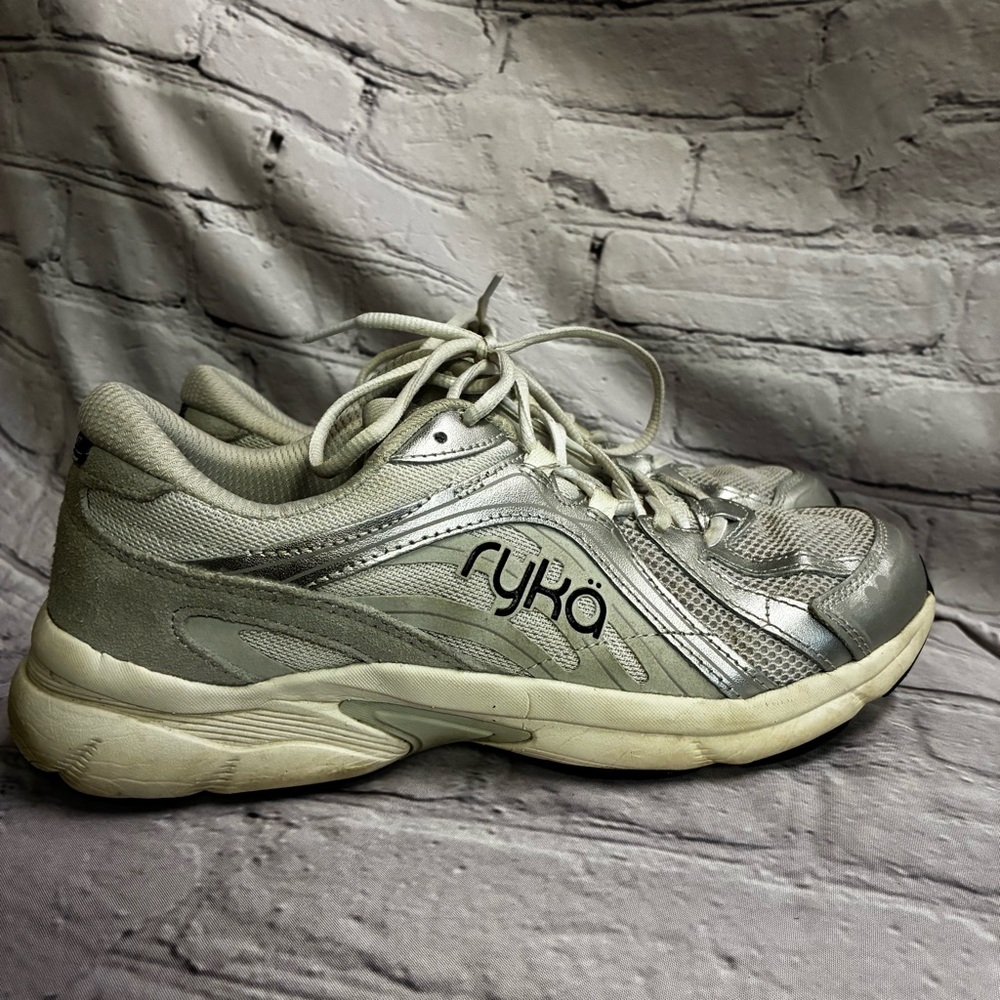 Ryka Womens Skylift Lace Up Walking Sneakers Metallic Silver Leather Mesh Sz 7.5